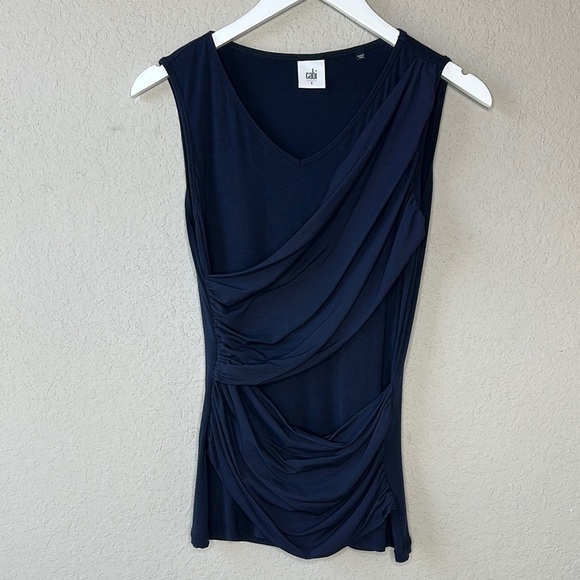 Cabi 5071 Navy Blue Sleeveless V Neck Double Drape Ruched Bodycon Top Size Small - Picture 2 of 8